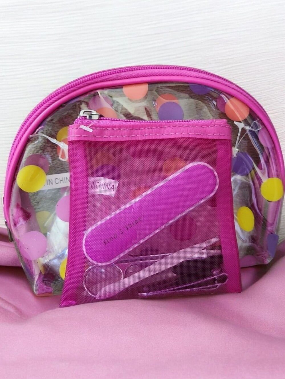 Clear Polka Dot Pink Cosmetic Pouch with Pink Mesh Bag Wit Mani Tools ■ NWT